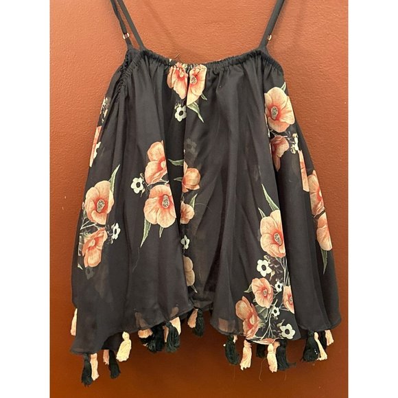 Carolina K Black Vintage Floral Print Tassel Blouse XS Flowy Lightweight Summer - Picture 1 of 3